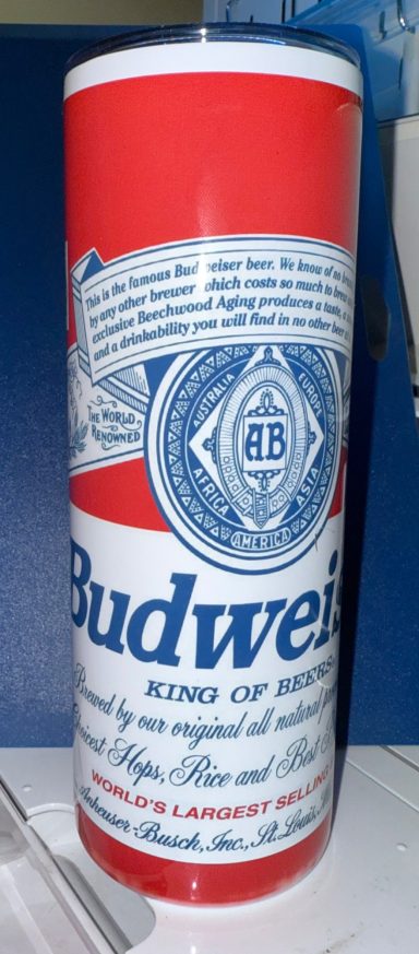 Tall Budweiser cup with red, white, and blue design featuring the logo and brand name.